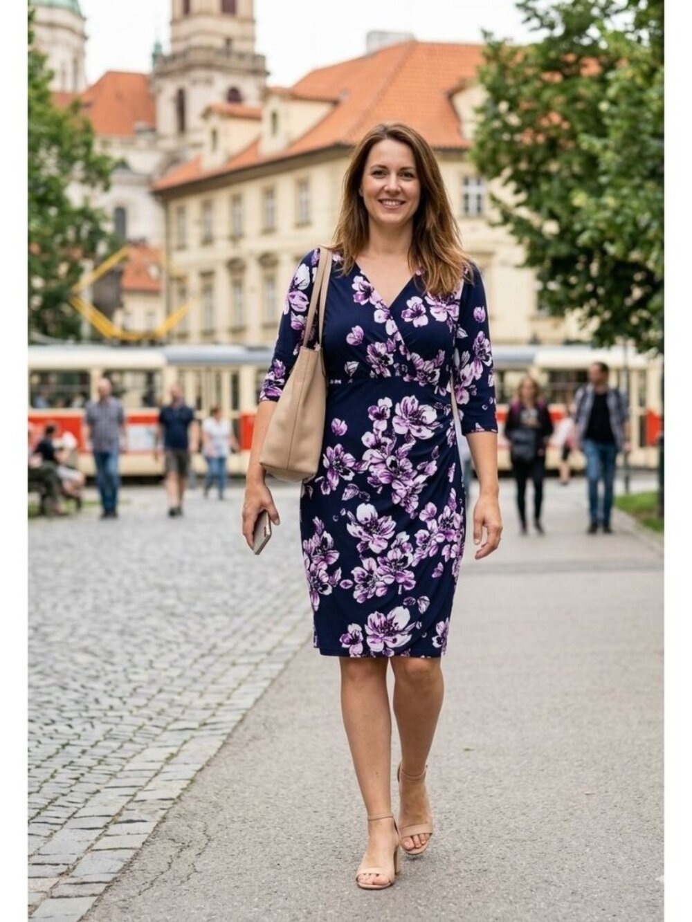 Lauren Ralph Lauren Faux Wrap Dress Size 14W Floral Navy Purple Sheath 3/4 Sleev